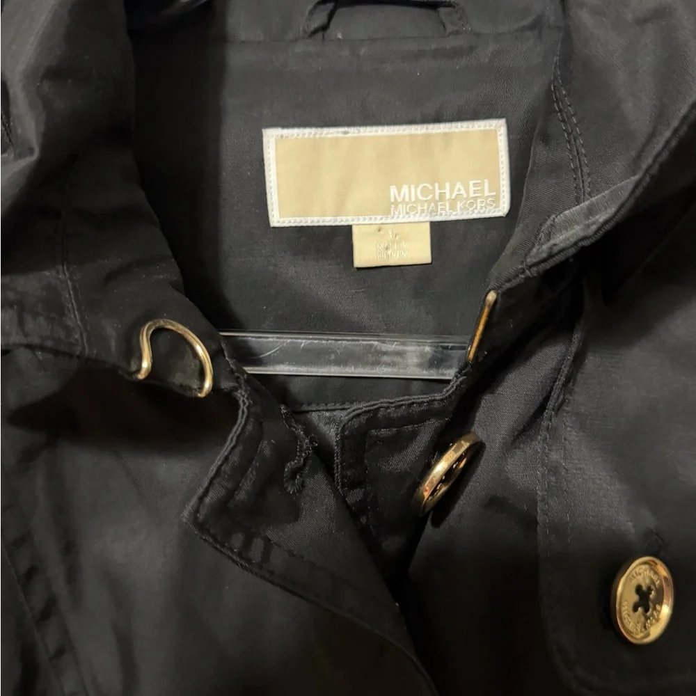 MICHAEL Michael Kors Black Trench Coat Size Small Gold Button Down Hooded - Picture 6 of 13